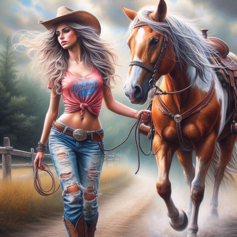 Whimsical Cowgirl Leading Horse on Summer Country Road