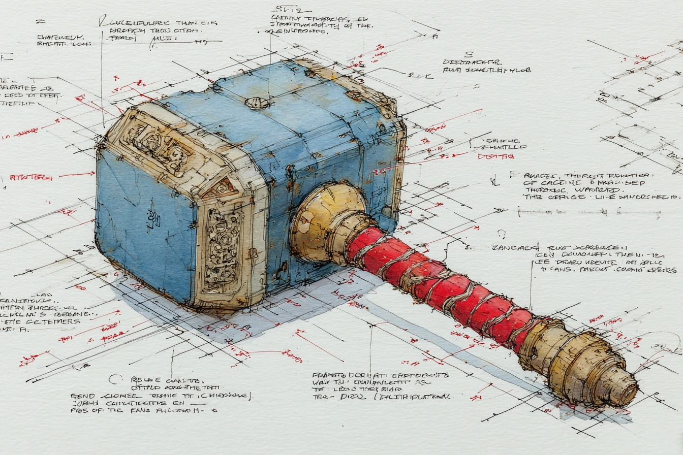 Detailed technical drawing of a hammer of thunder