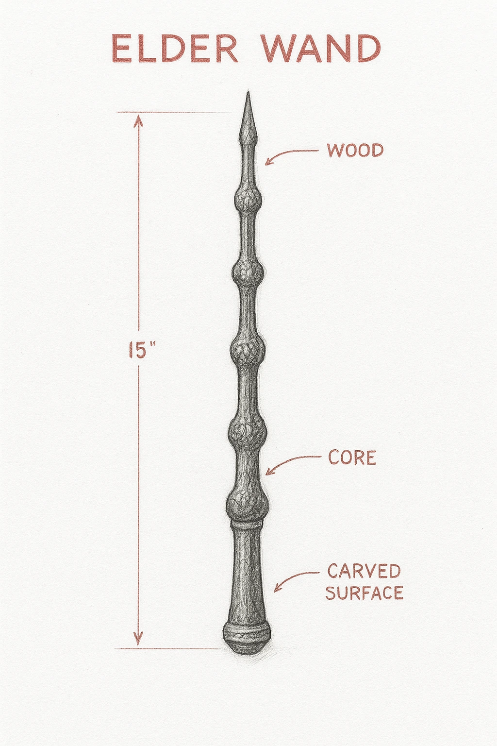 Detailed technical drawing of a Elder Wand