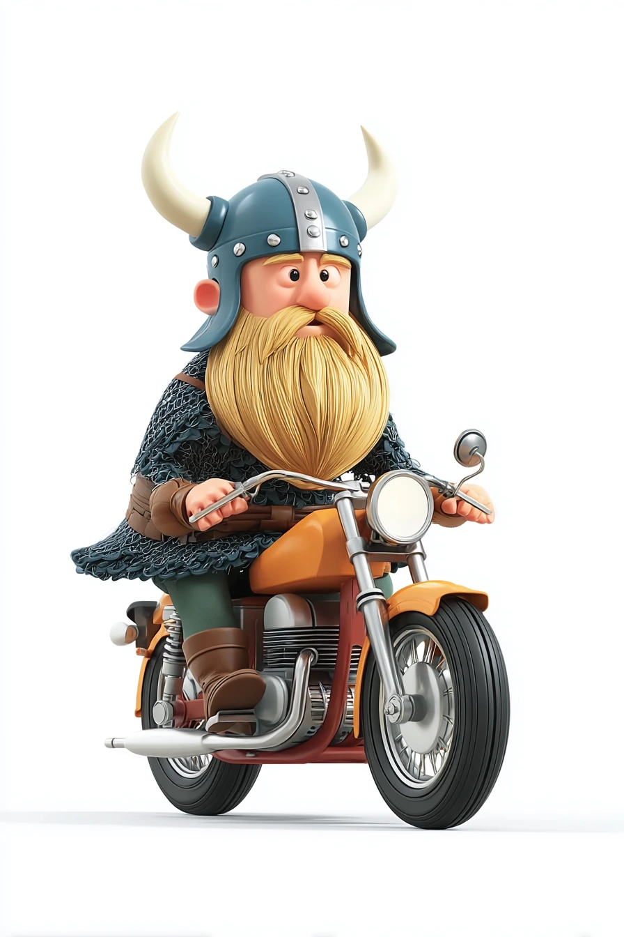 3D cartoon Viking riding an orange motorcycle
