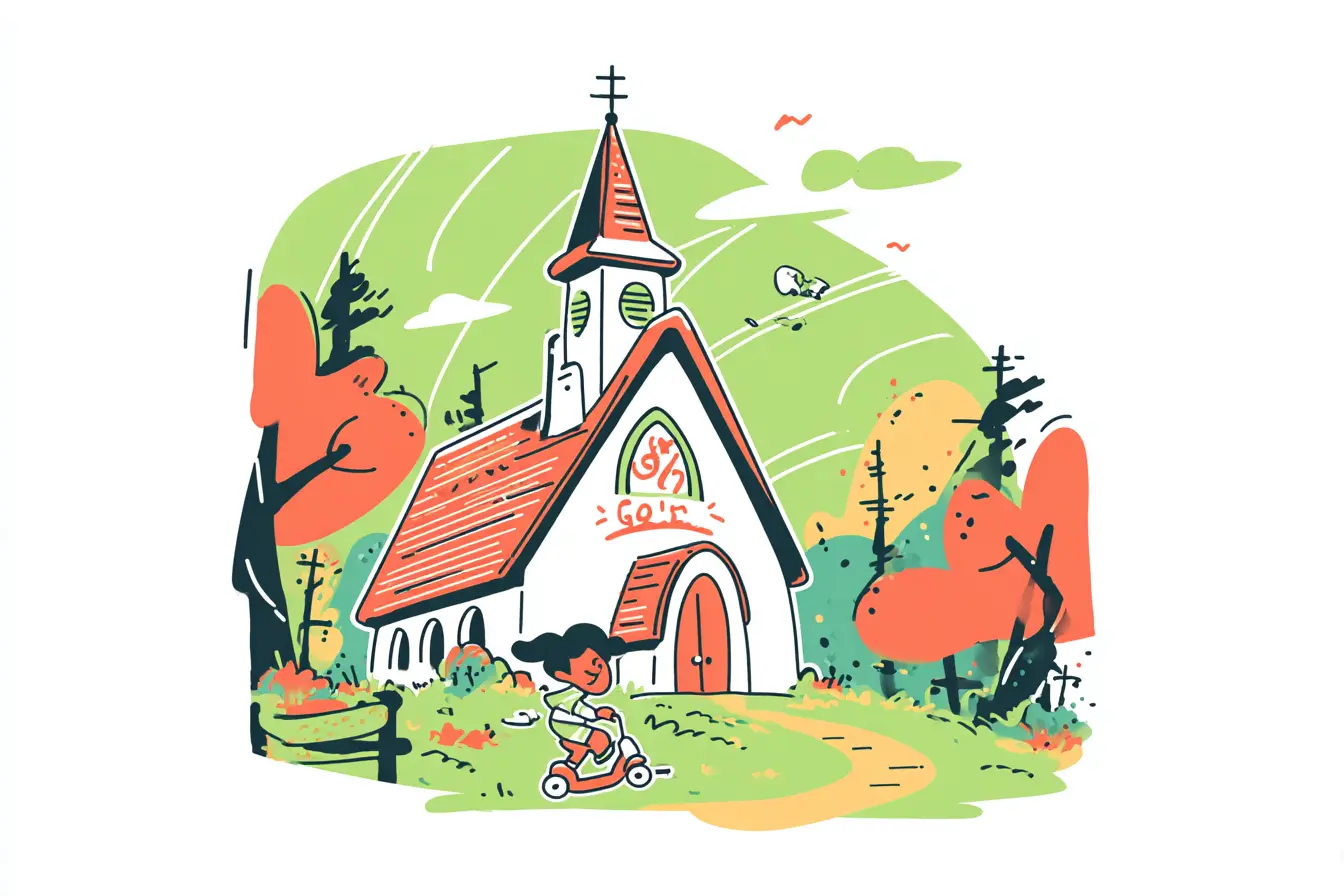 Cartoon illustration of little child and church