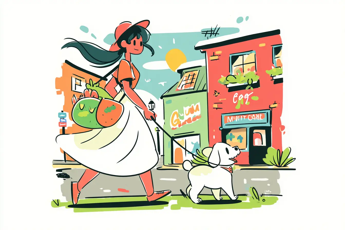 Cartoon illustration of woman walking dog