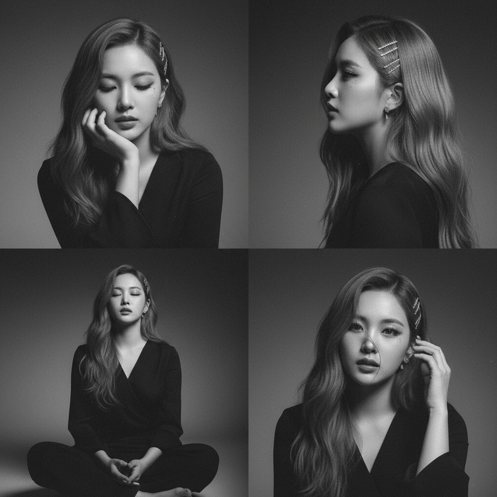 4 panel black-and-white portrait of kpop star
