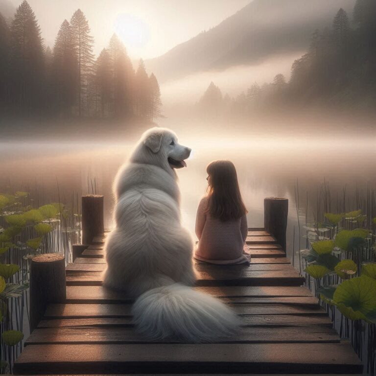 Pyrenean Mountain Dog and Girl on Misty Lake Dock