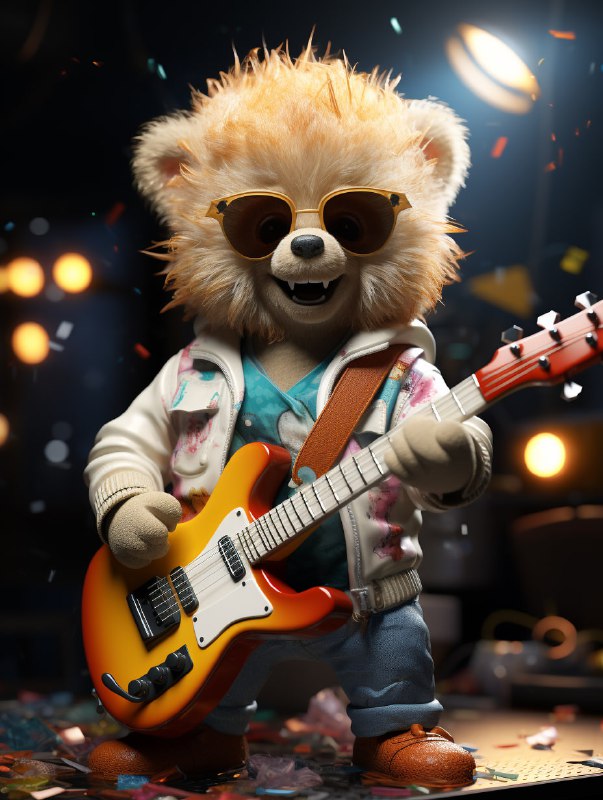 Cute Bear in Glasses Playing Guitar 3D Caricature