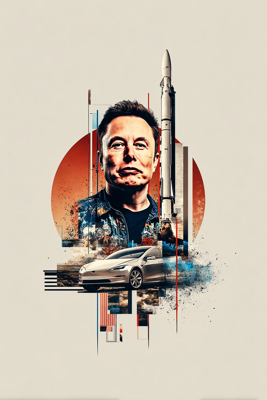 Elon Musk portrait in collage style