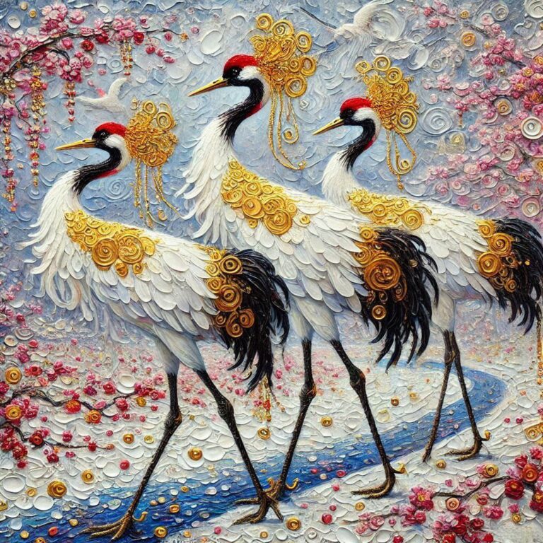 Impasto Painting of Cranes in Snowy Runway