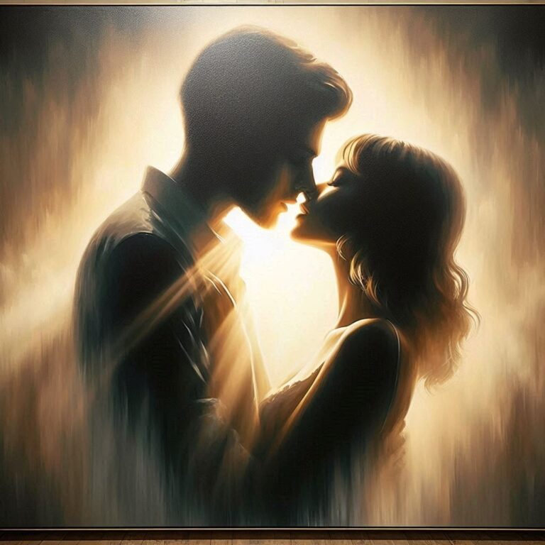 Silhouetted Lovers Kissing Timeless Oil Painting