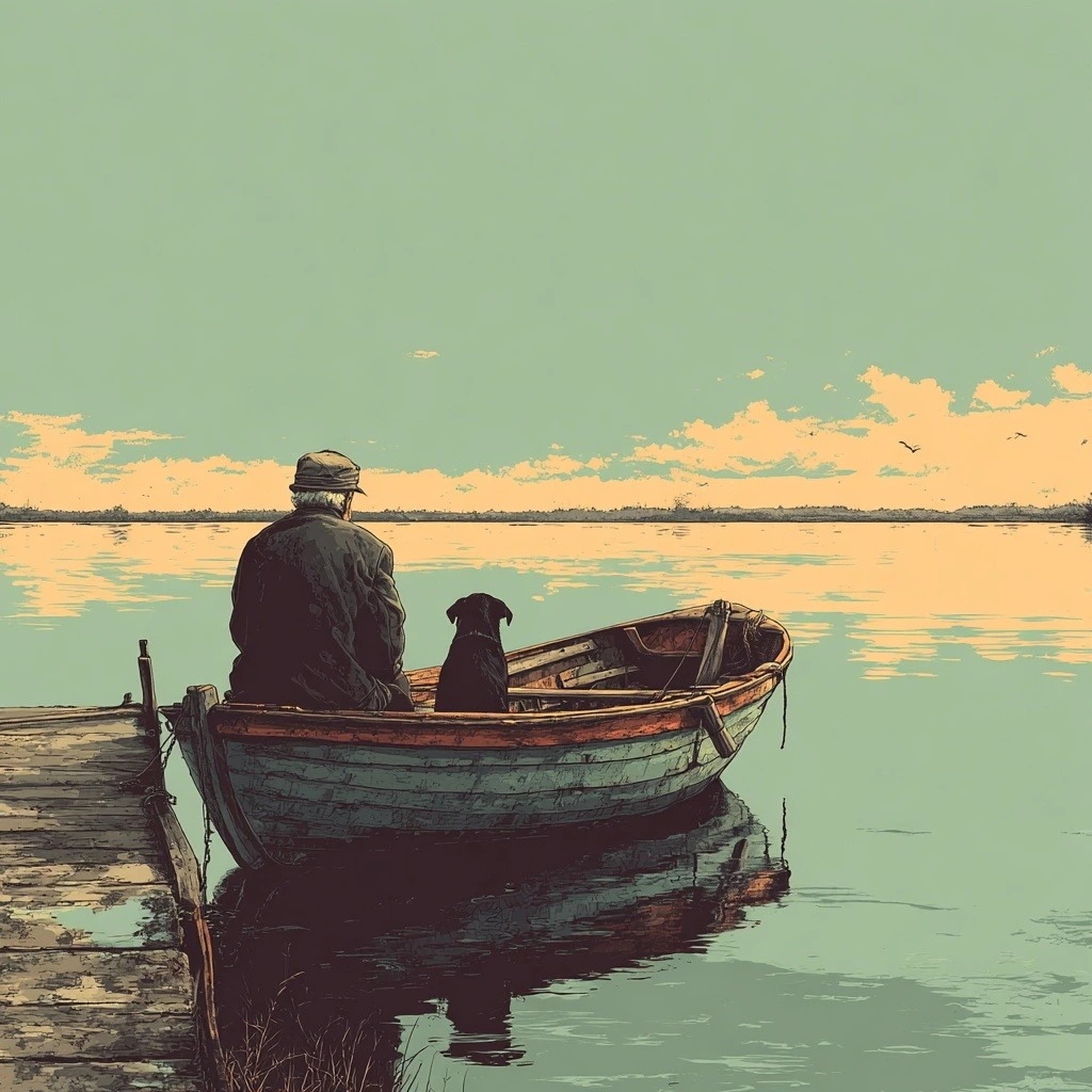 Vintage style oldman with a dog on boat
