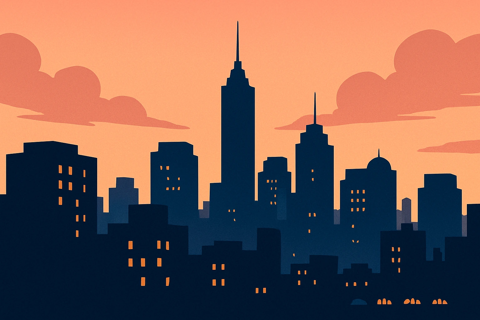 Illustration of city skyline at sunset