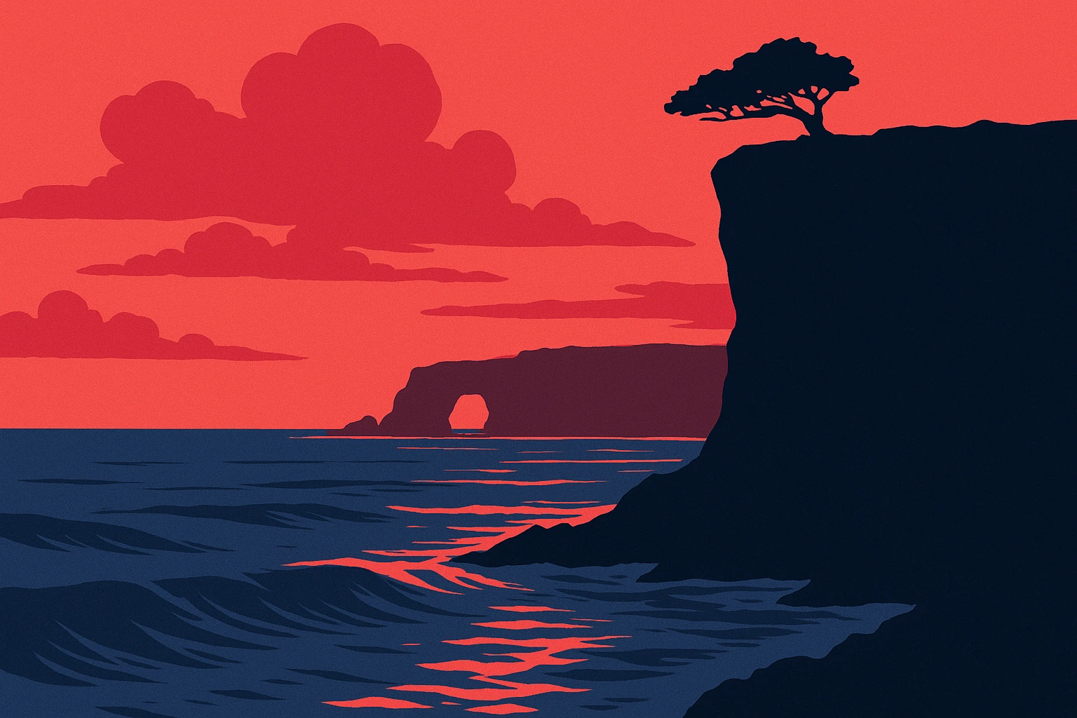 Illustration of seaside cliff at sunset