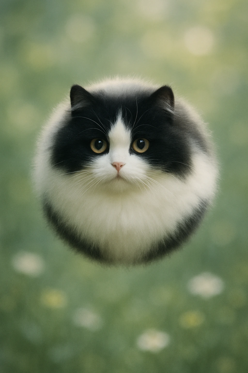 Fluffy spherical floating black white cat