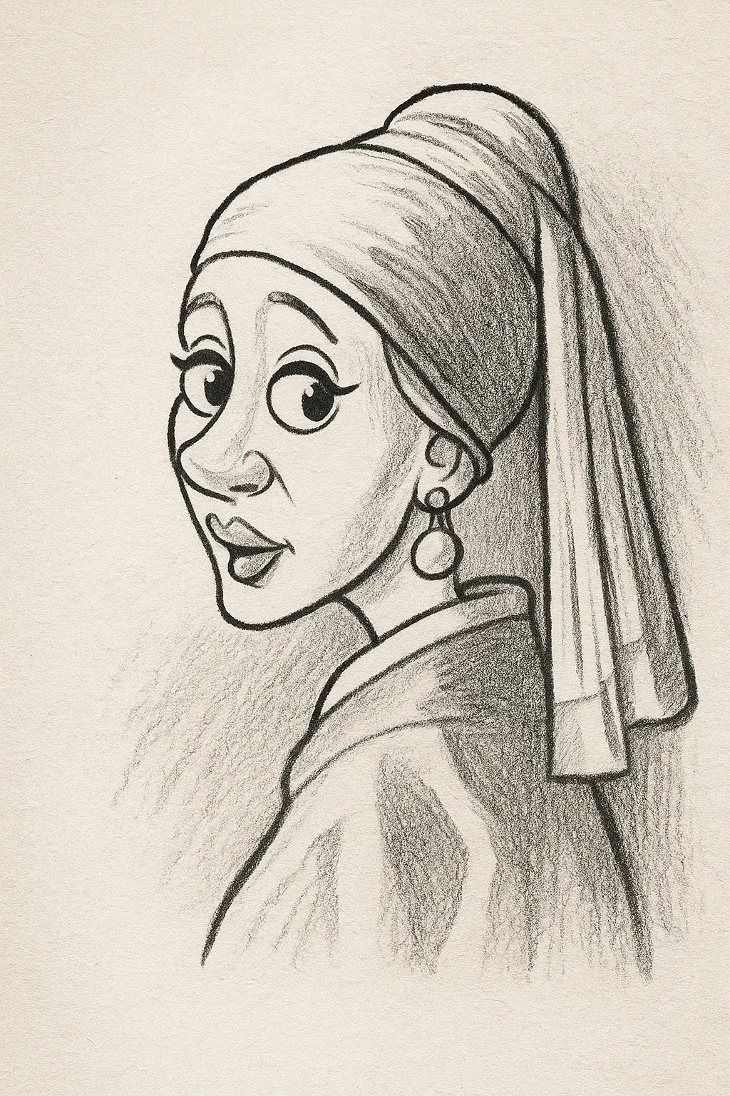 Funny grayscale sketch of girl in pearl earring