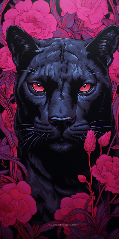 Lino Cut Black Panther Among Hot Pink Flowers