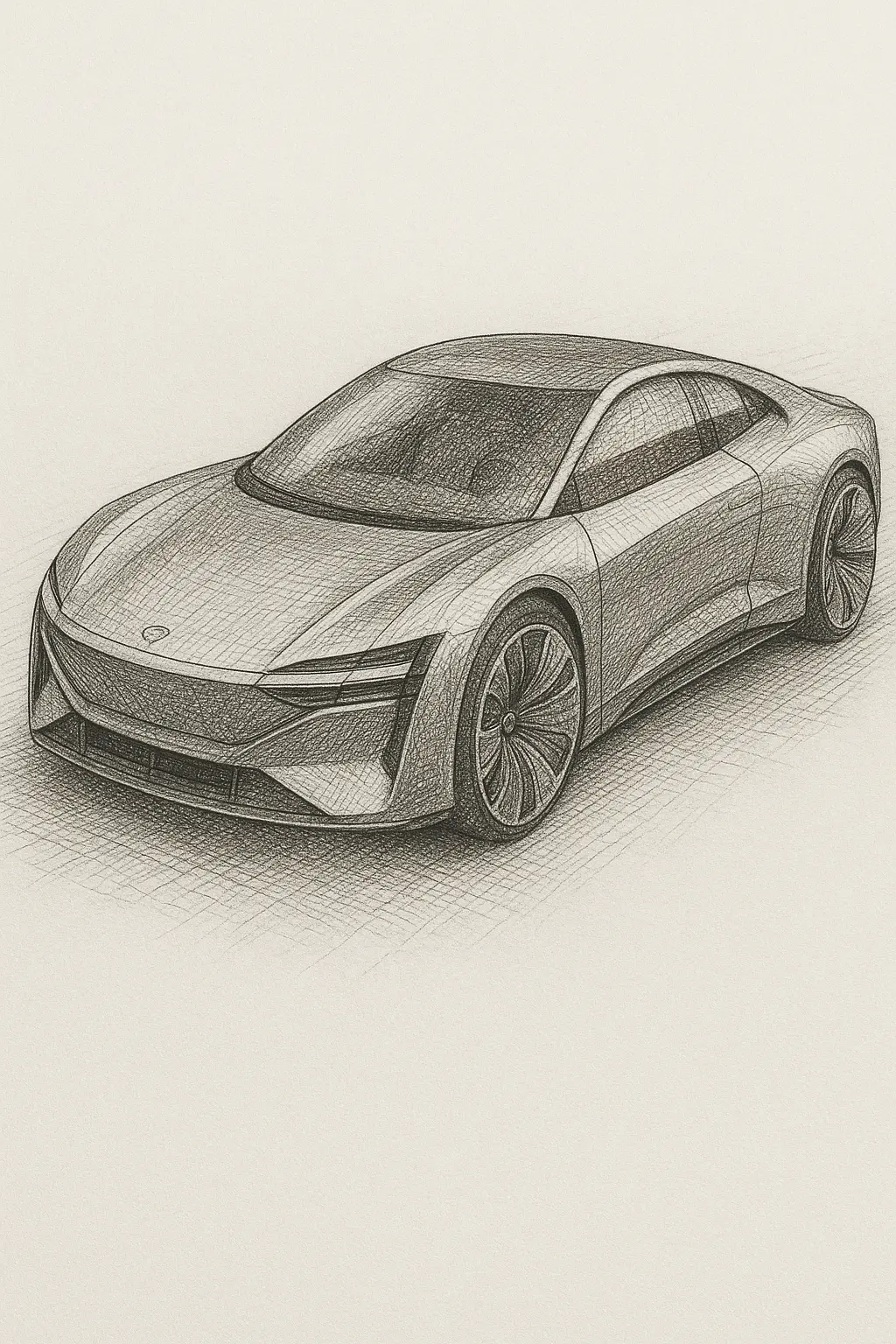 Black and white pen illustration of future car