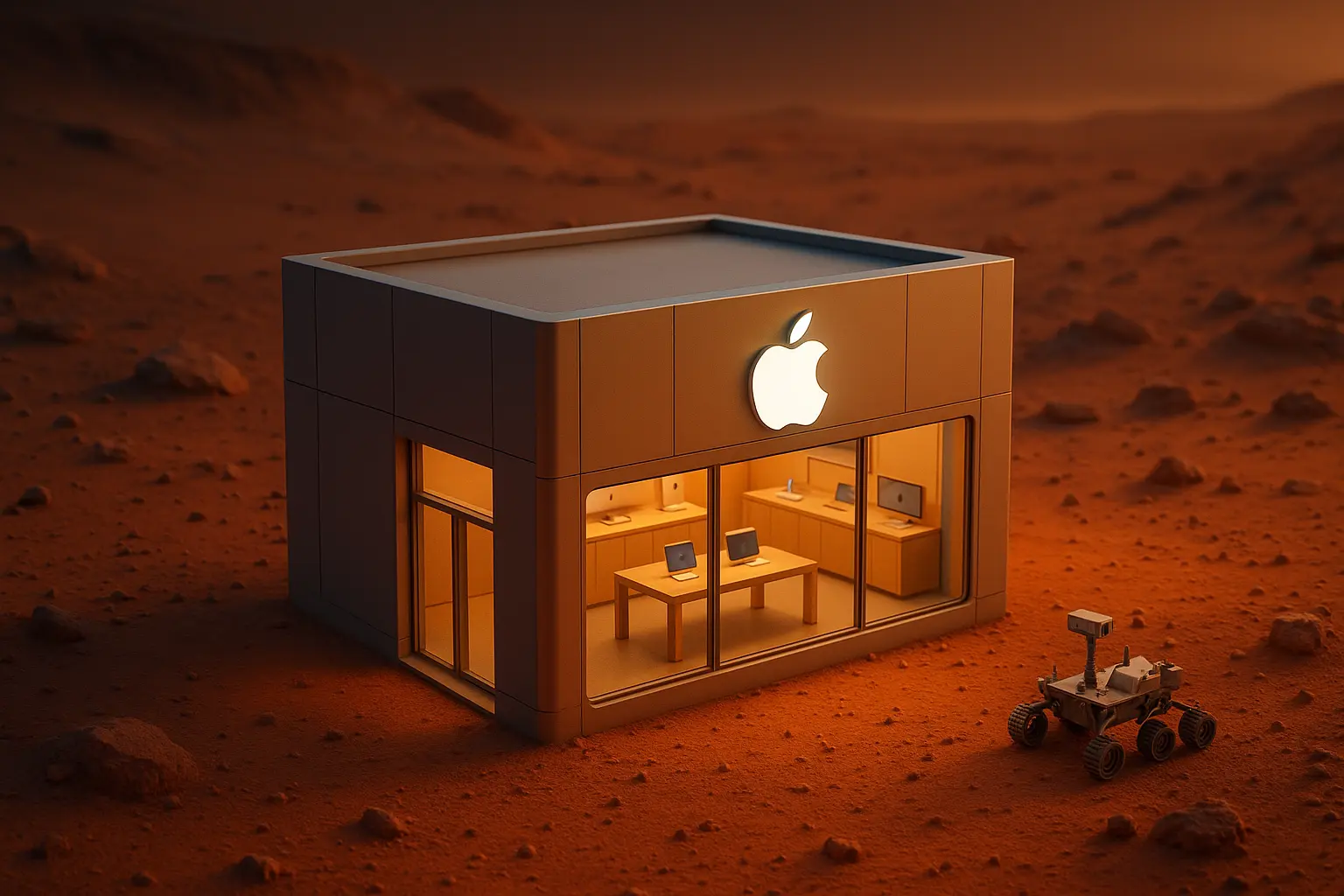 Miniature store of apple on mars with space rover