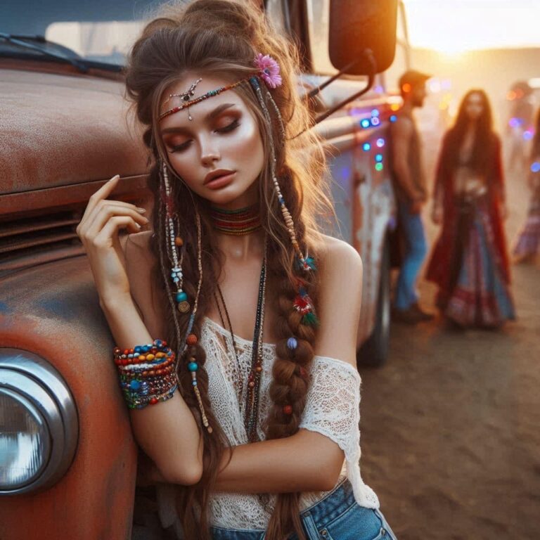 Bohemian Girl With Braids Beside Rusty Hippie Truck