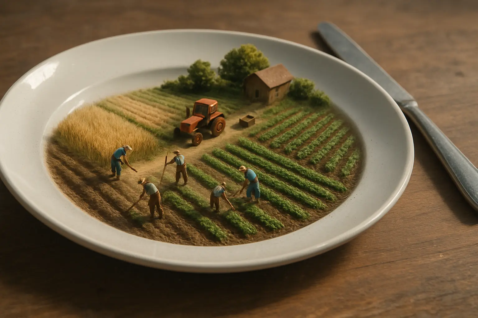 Miniature world of farm in white plate