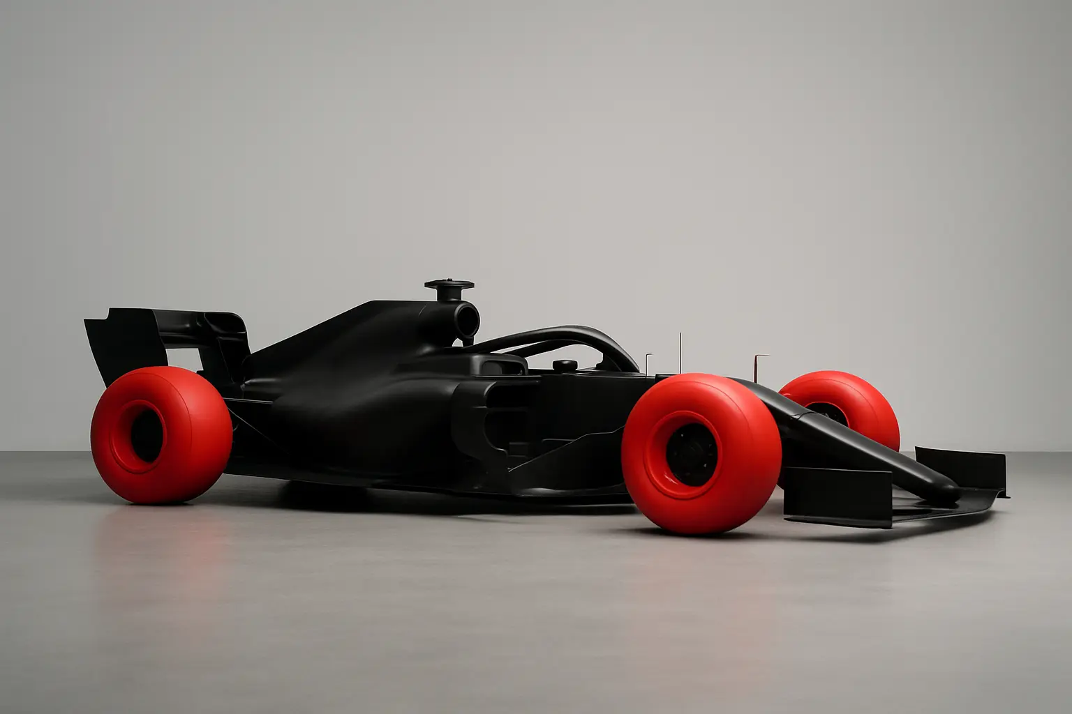 Striking visual effect of black F1 car with red tires