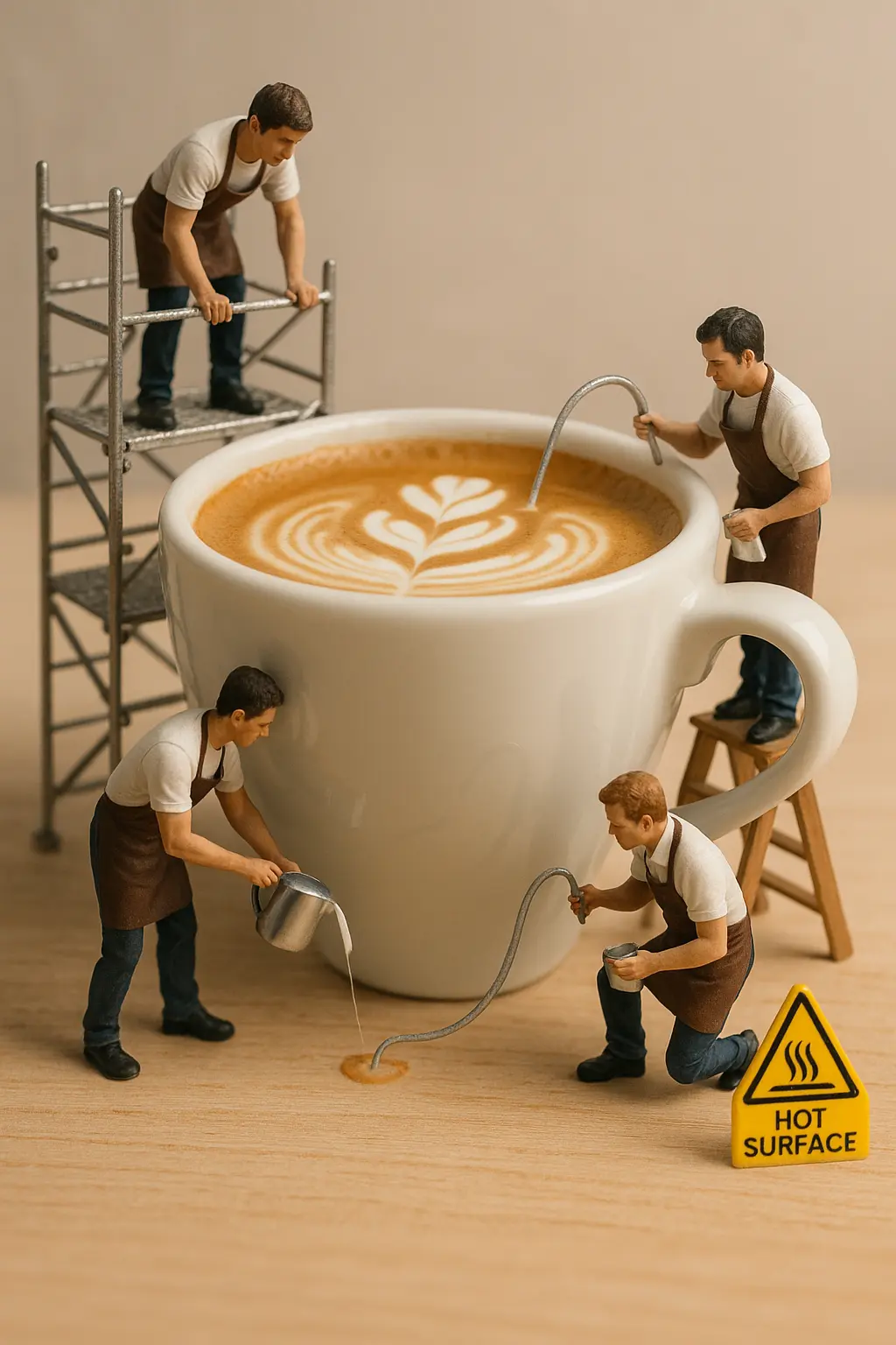 Miniature photography baristas workers and big coffee cup