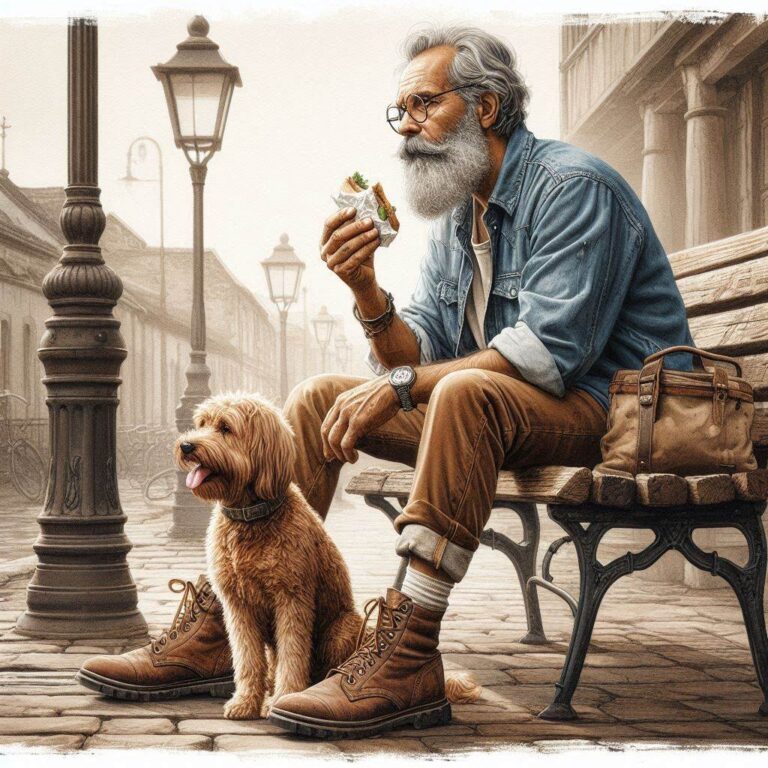 Old Man Sharing Sandwich With Dog on Park Bench