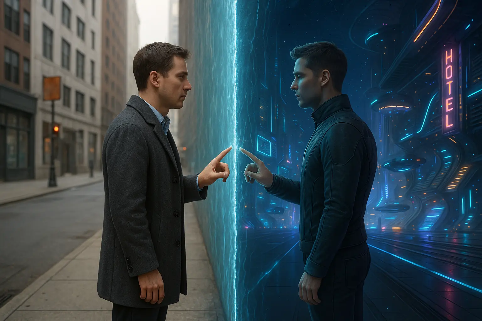 Left right split scene of future and now
