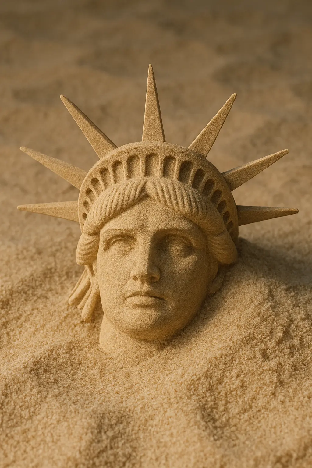Sculpted sand model of head of the statue of liberty