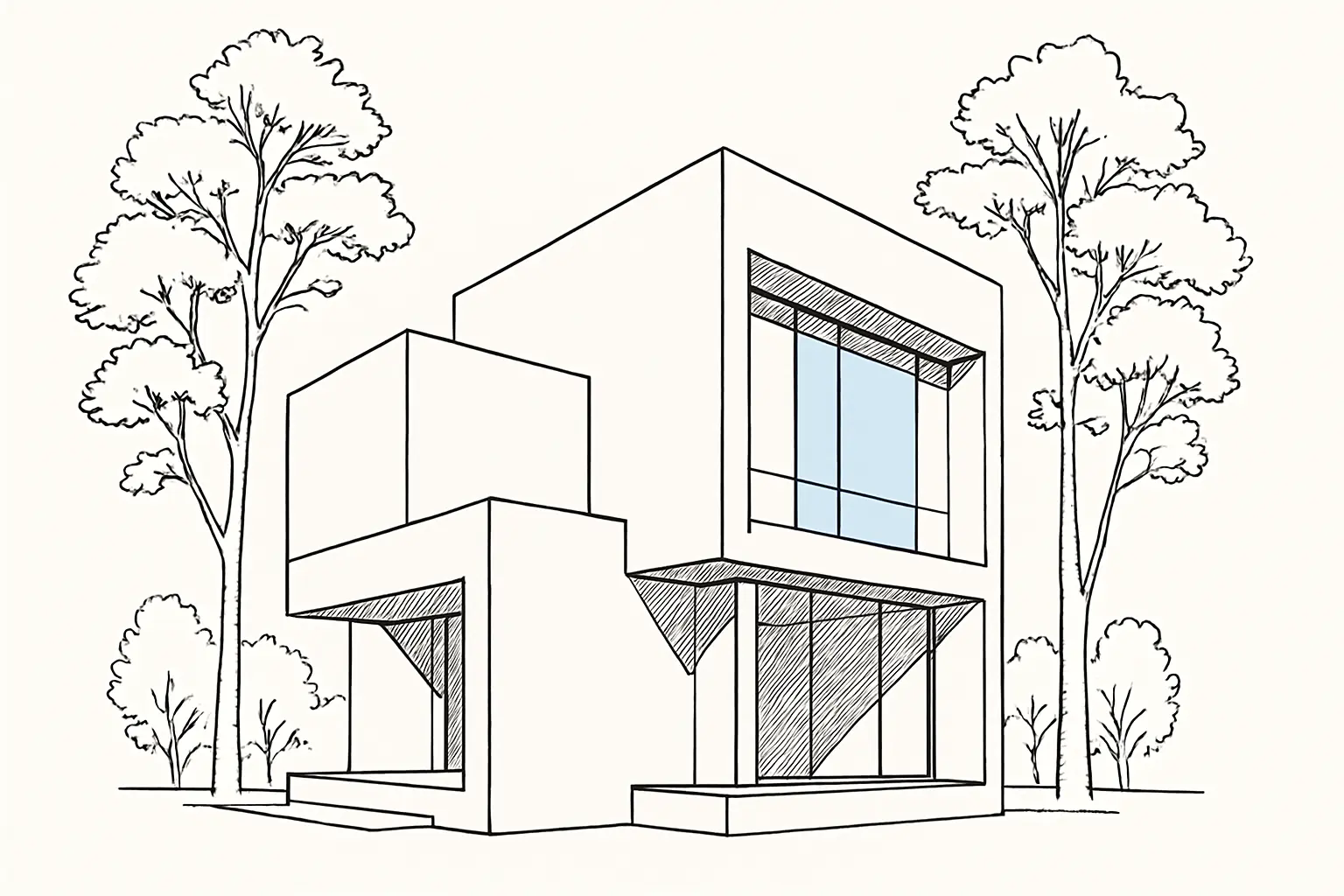 Line art drawing of brutalist house
