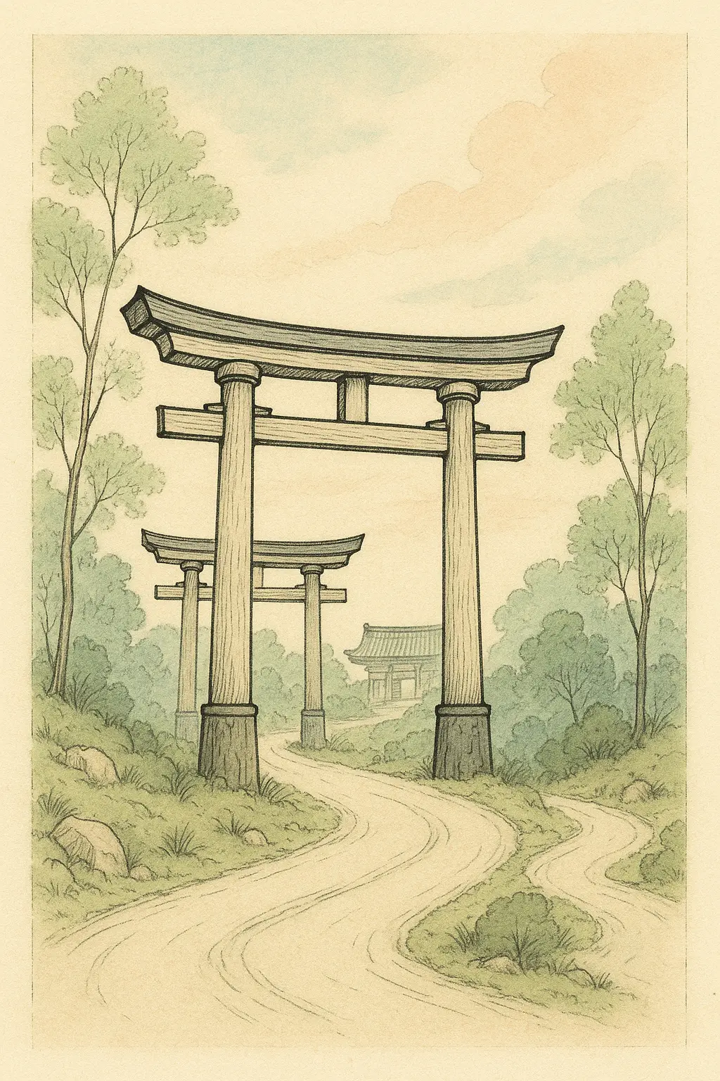 Line art drawing of the toriis
