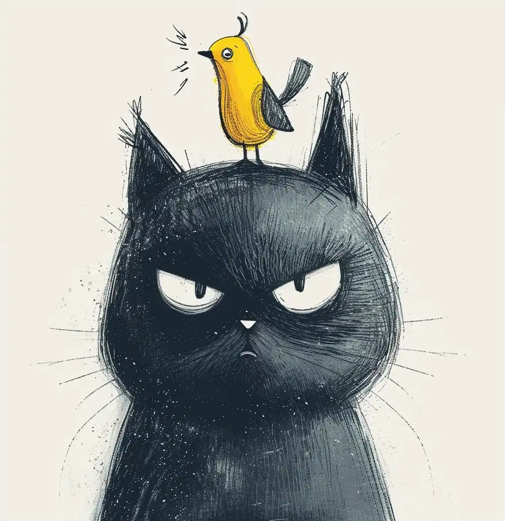 Angry Cat with Canary Minimalistic Line Art