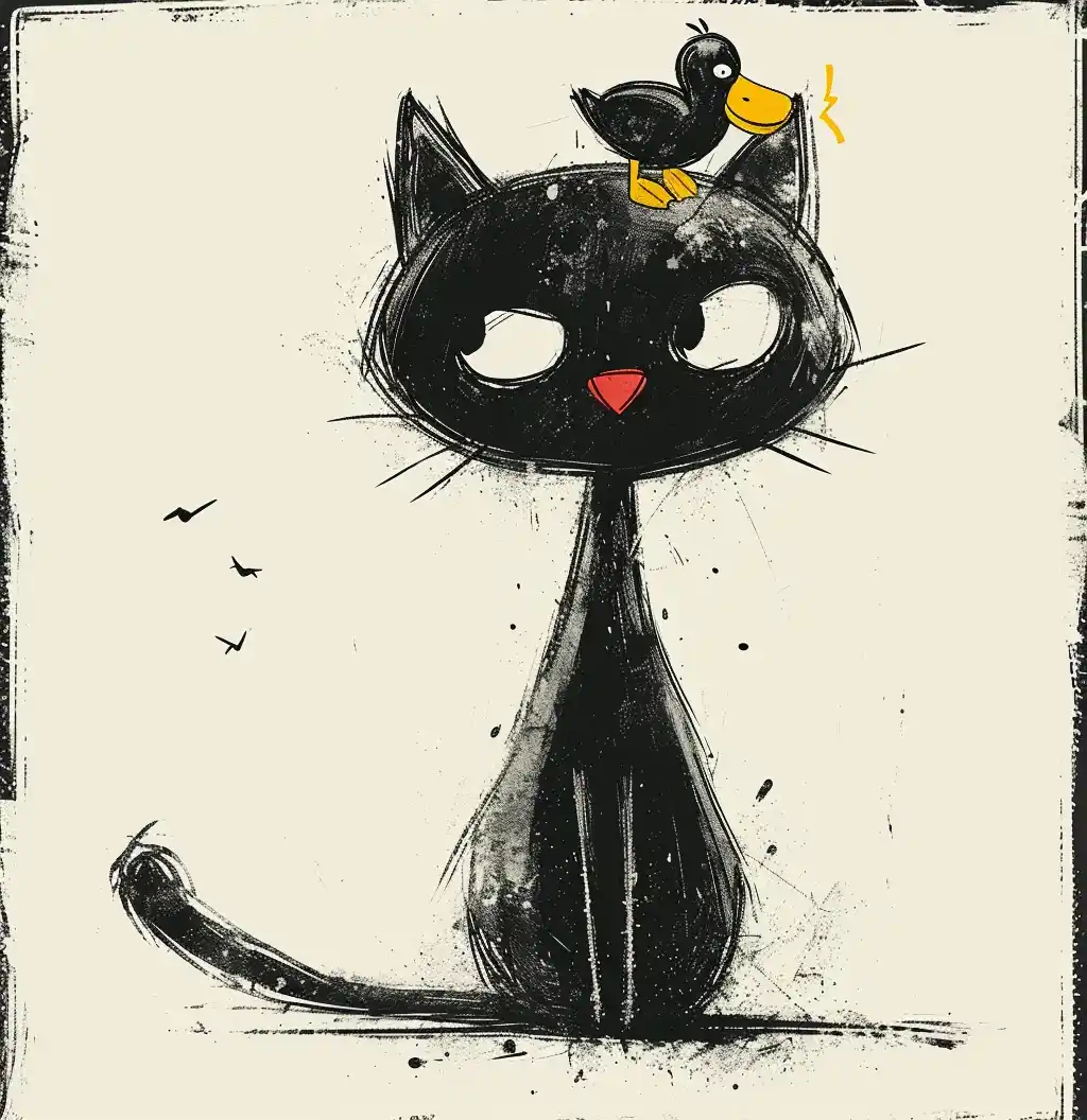 Angry Cat with Duck Minimalistic Line Art