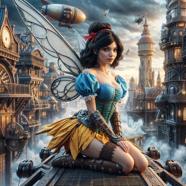 Steampunk Snow White With Mechanical Wings on Bridge