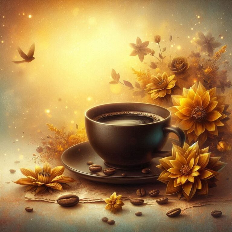 Brown Coffee Cup With Yellow Flowers and Sparkles