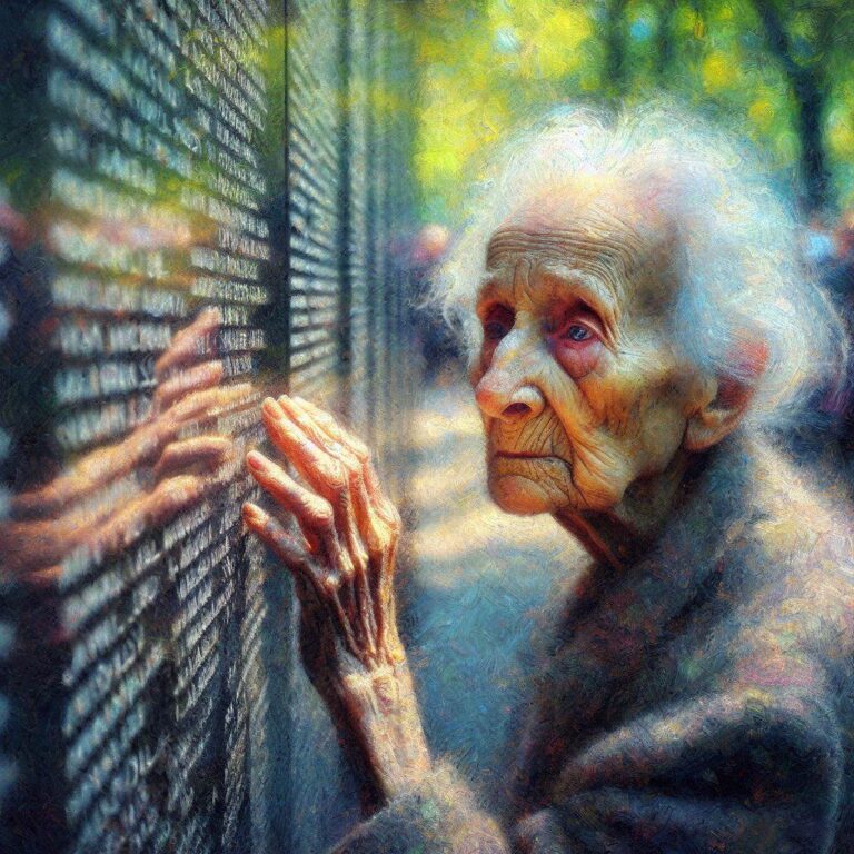 Elderly Woman Tracing Memorial Wall Names Impressionist
