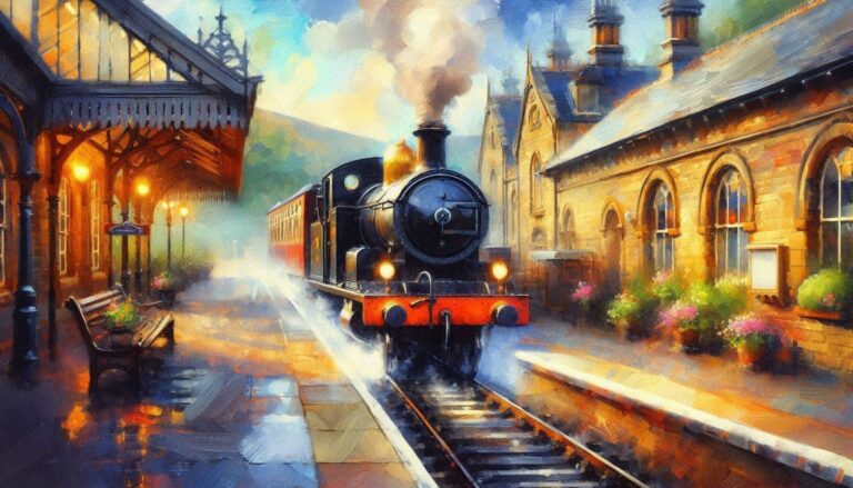 Steam Engine Arriving at Old English Station Art