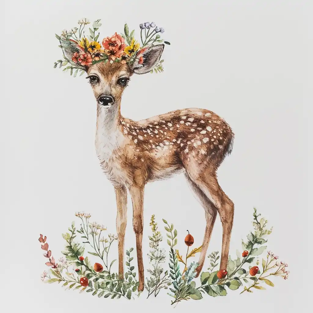 Watercolour Deer with Floral Crown
