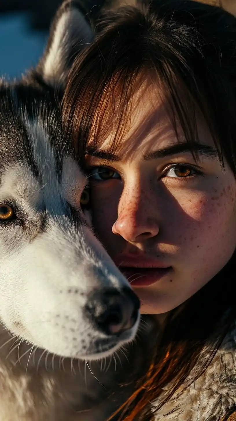 Detailed Mountain Girl with Husky