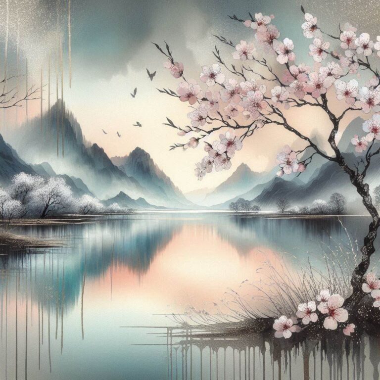 Morning Mist Lake With Blooming Apricot Reflections