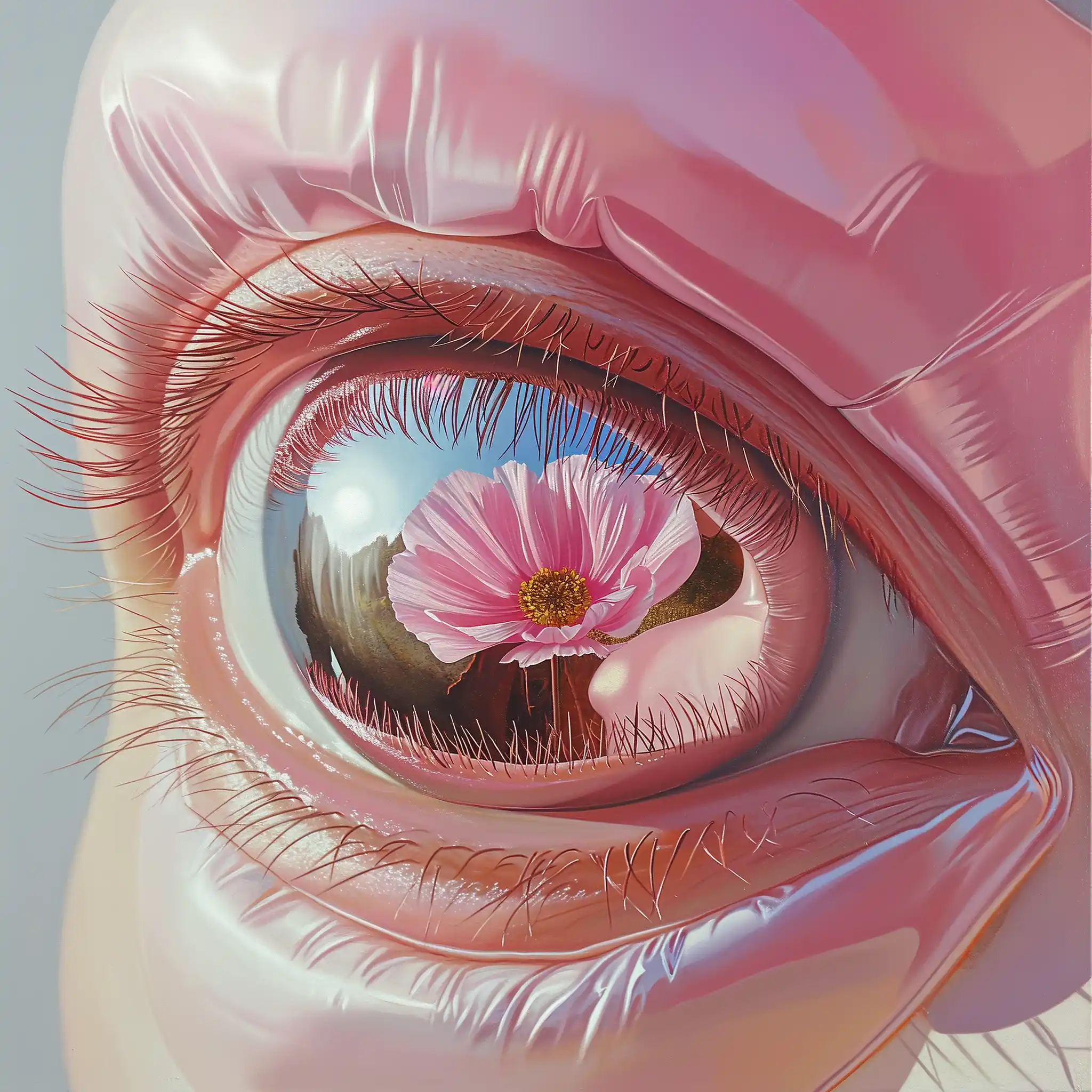 Reflective Brown Eyes with Flower Balloon