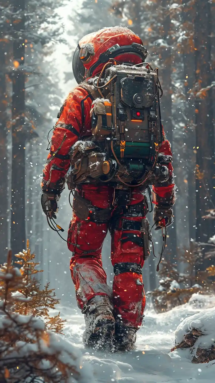 Futuristic Astronaut in Winter Woods