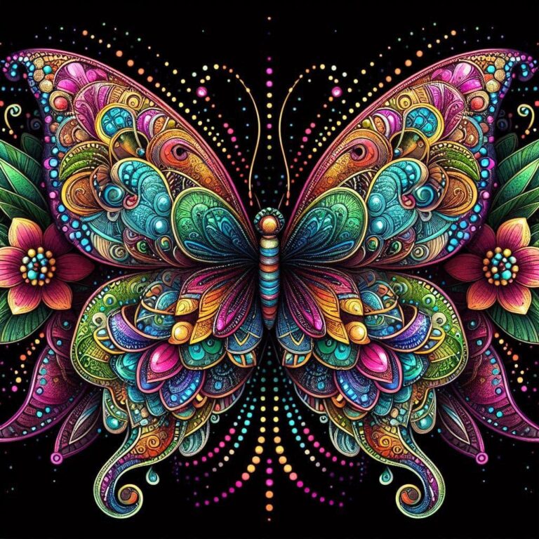 Zentangle Filigree Butterfly With Neon Diamond Dots