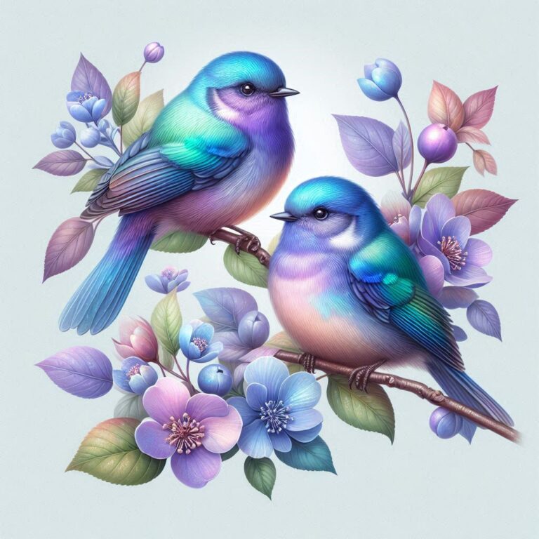 Small Birds on Flowering Limb in Lavender Iridescence