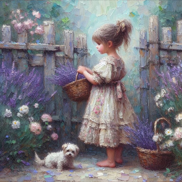 Impasto Peasant Girl With Lavender Basket by Fence