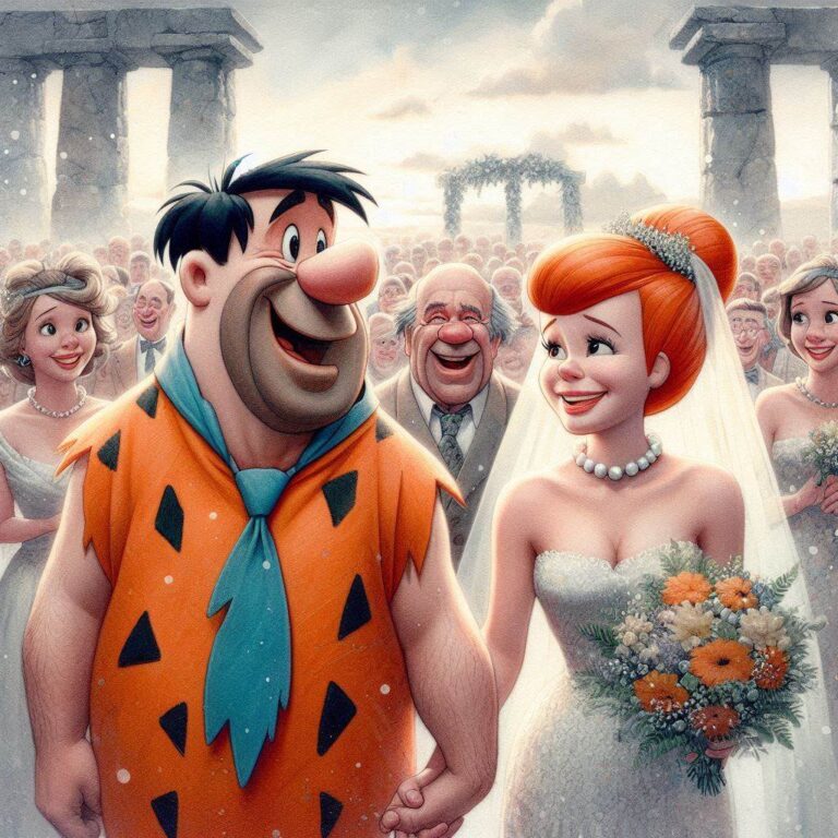 Fred and Wilma Flintstone Wedding Watercolor Art