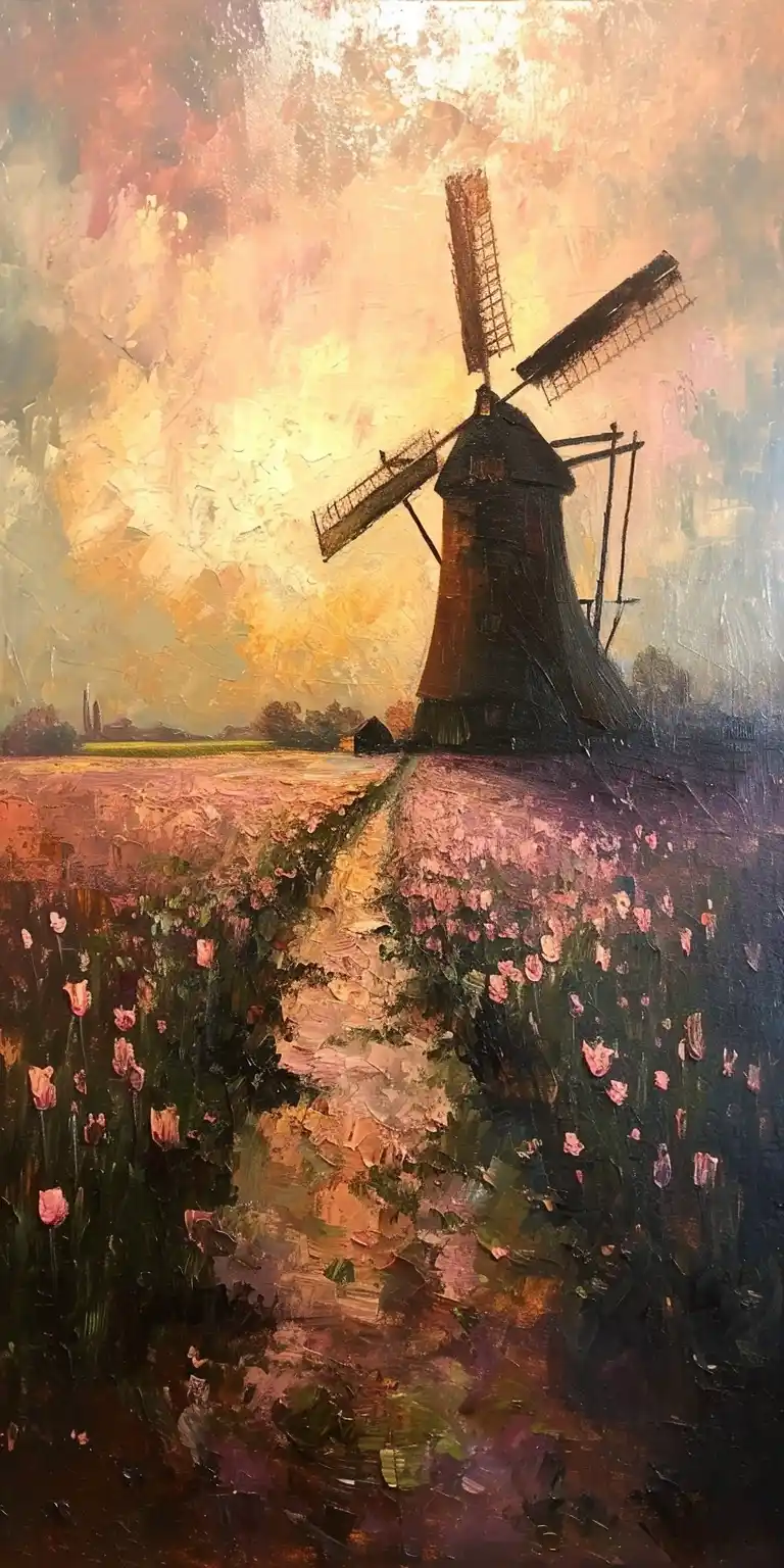 Vintage Windmill Sunset Tulips