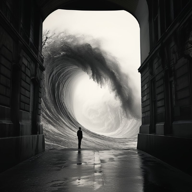 Man Facing Giant Tidal Wave in Empty Paris Streets
