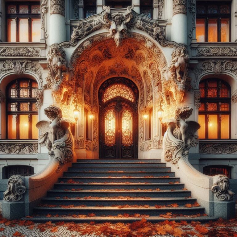 Ornate Art Nouveau House With Autumn Leaves