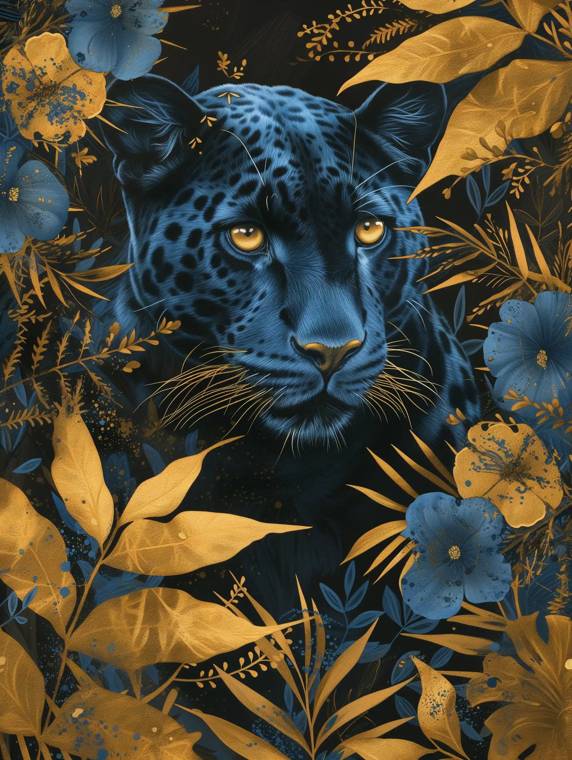 Golden Panther Amid Blue Flowers