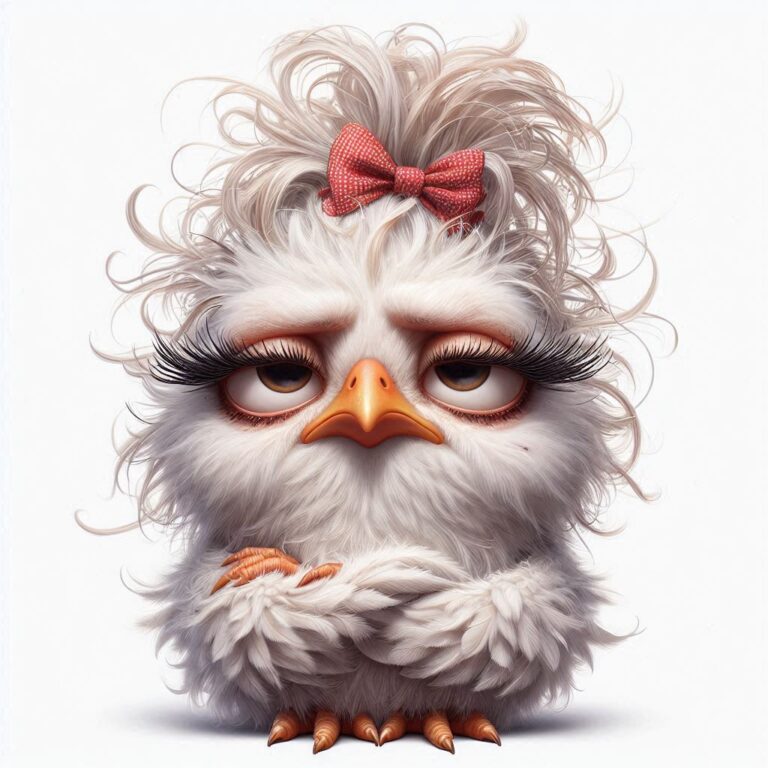 Unhappy White Chicken With Red Bow Caricature