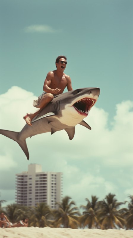 Man Riding Flying Shark Over 1990s Miami Beach